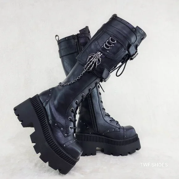 Demonia Black Combat Boots with Chains - Picture 1 of 12